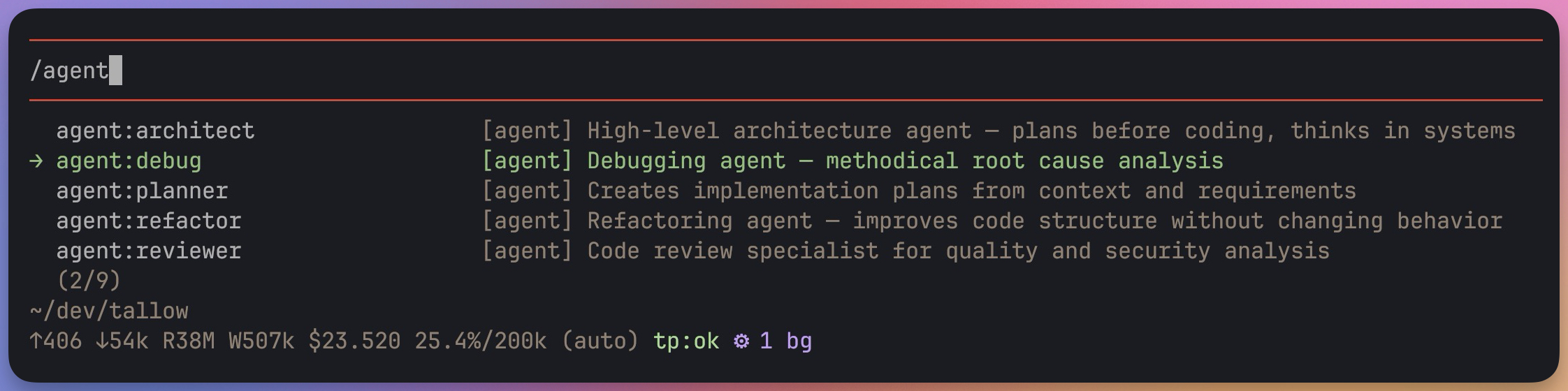 Agent command picker showing available agents after typing /agent