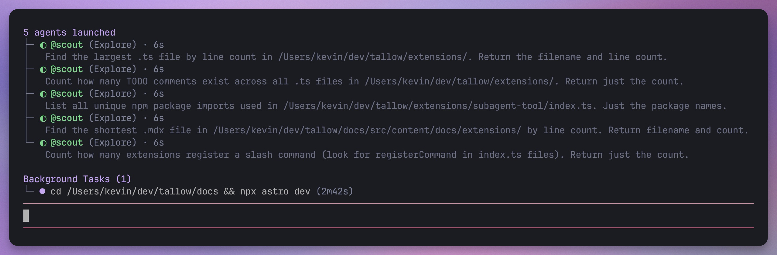 Five background agents running alongside a background task