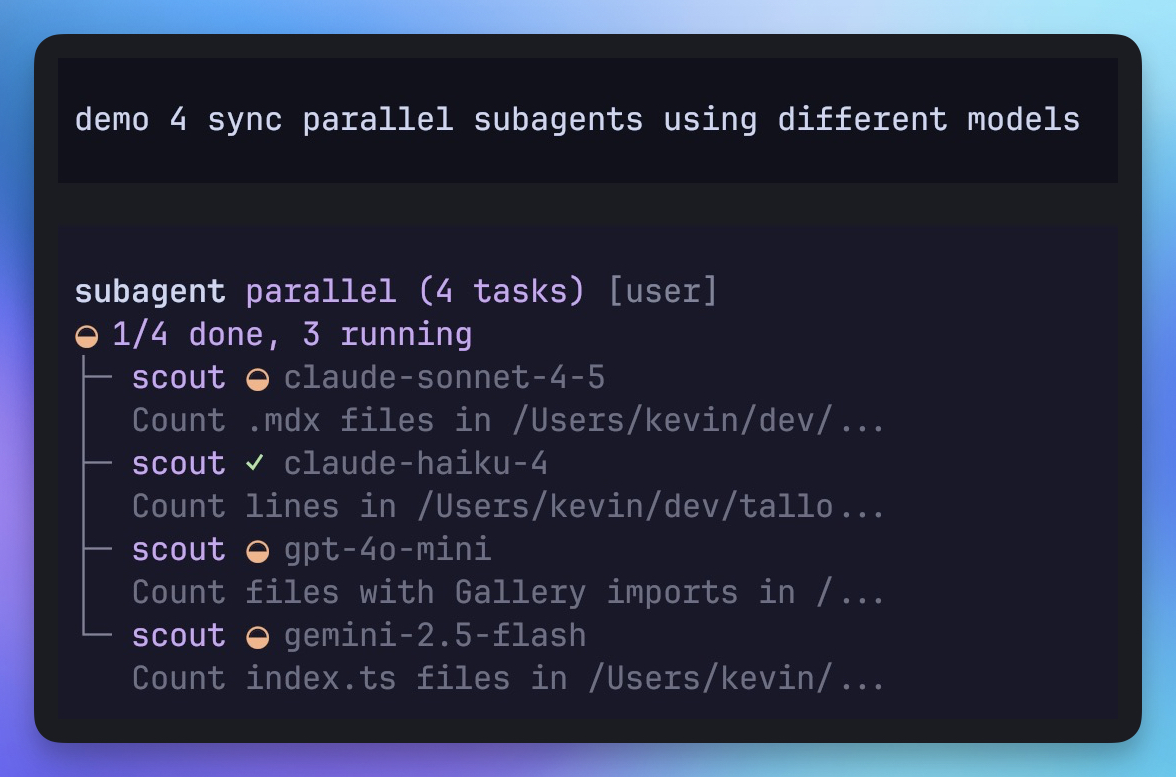 Four parallel agents running on different models