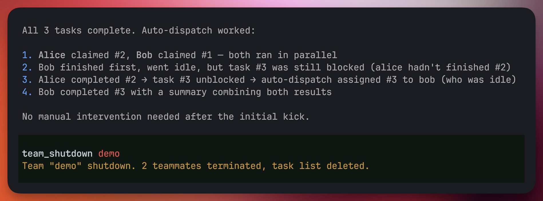 Auto-dispatch summary showing the full chain of events