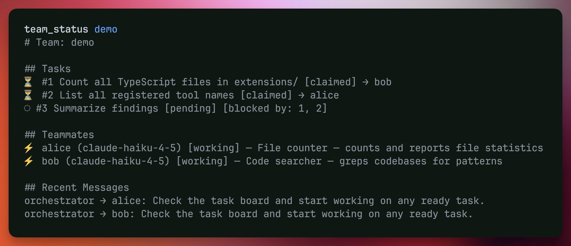 Team status showing two teammates working on claimed tasks with a blocked task waiting